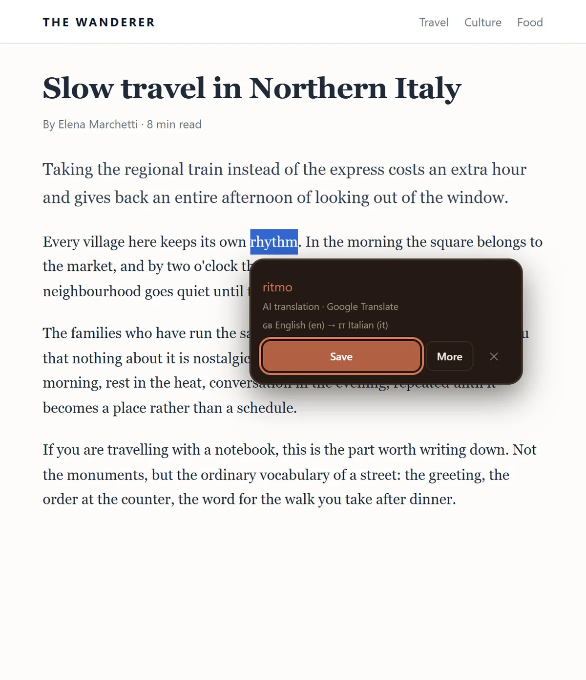 A sample article with the word “rhythm” selected. Parolina’s save panel sits under the selection, showing the Italian translation “ritmo”, the line “AI translation · Google Translate”, the pair English → Italian, and a Save button beside a More button.