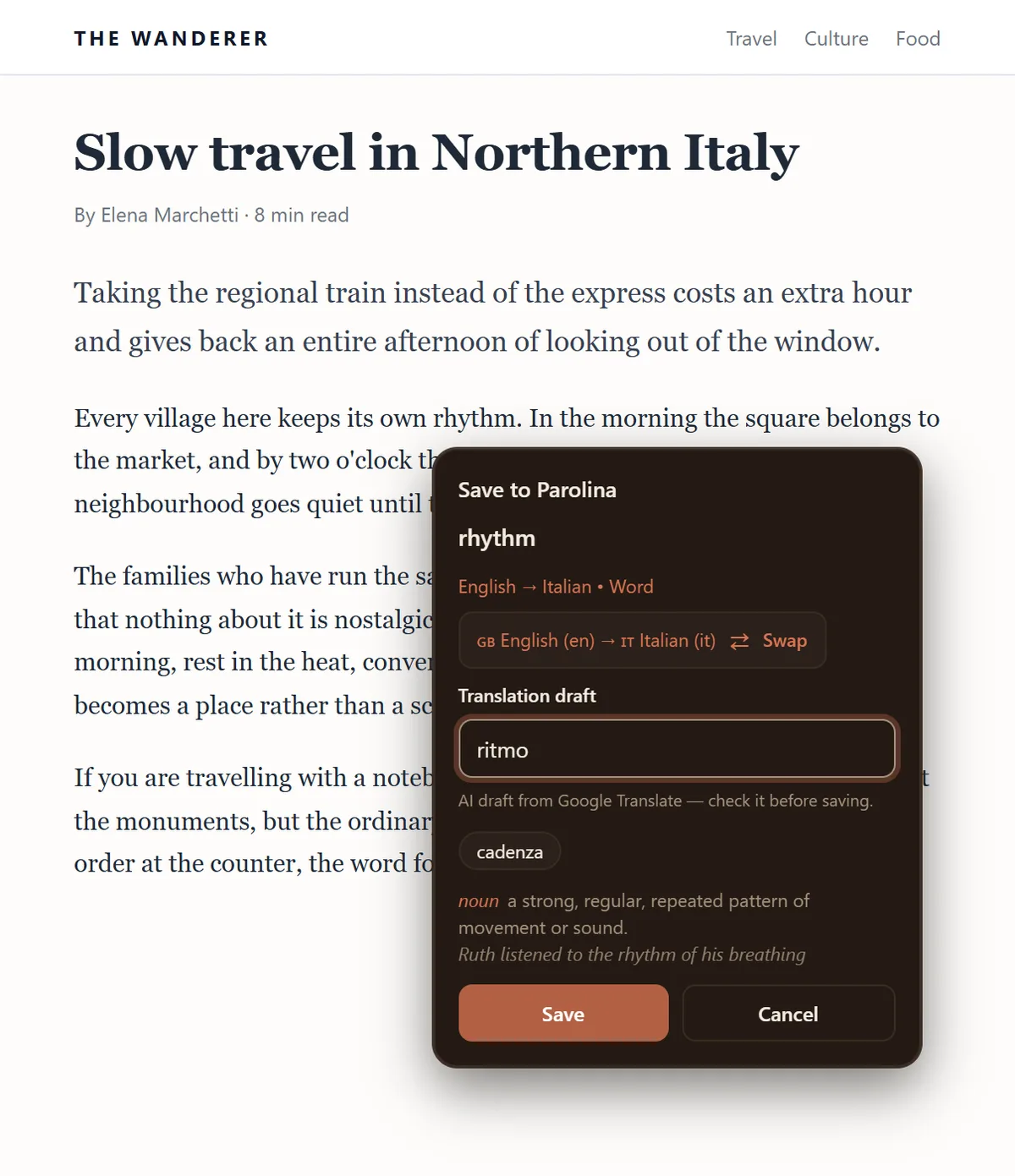 The full save panel open on an article, over the word “rhythm”. Under the translation draft “ritmo” and the line “AI draft from Google Translate — check it before saving” sits the dictionary definition — “noun: a strong, regular, repeated pattern of movement or sound” — with the example “Ruth listened to the rhythm of his breathing”, and Save and Cancel beneath.