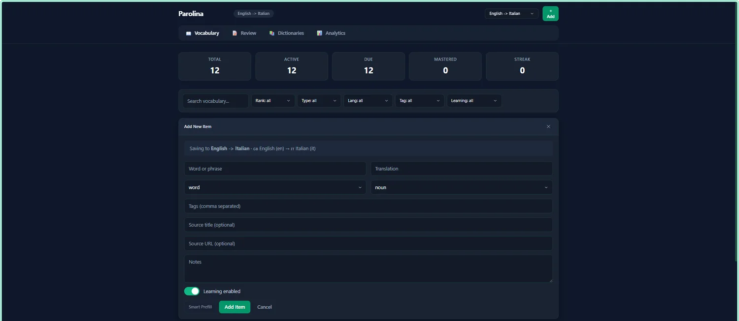 Parolina vocabulary dashboard with the add-word form, filters, and stats